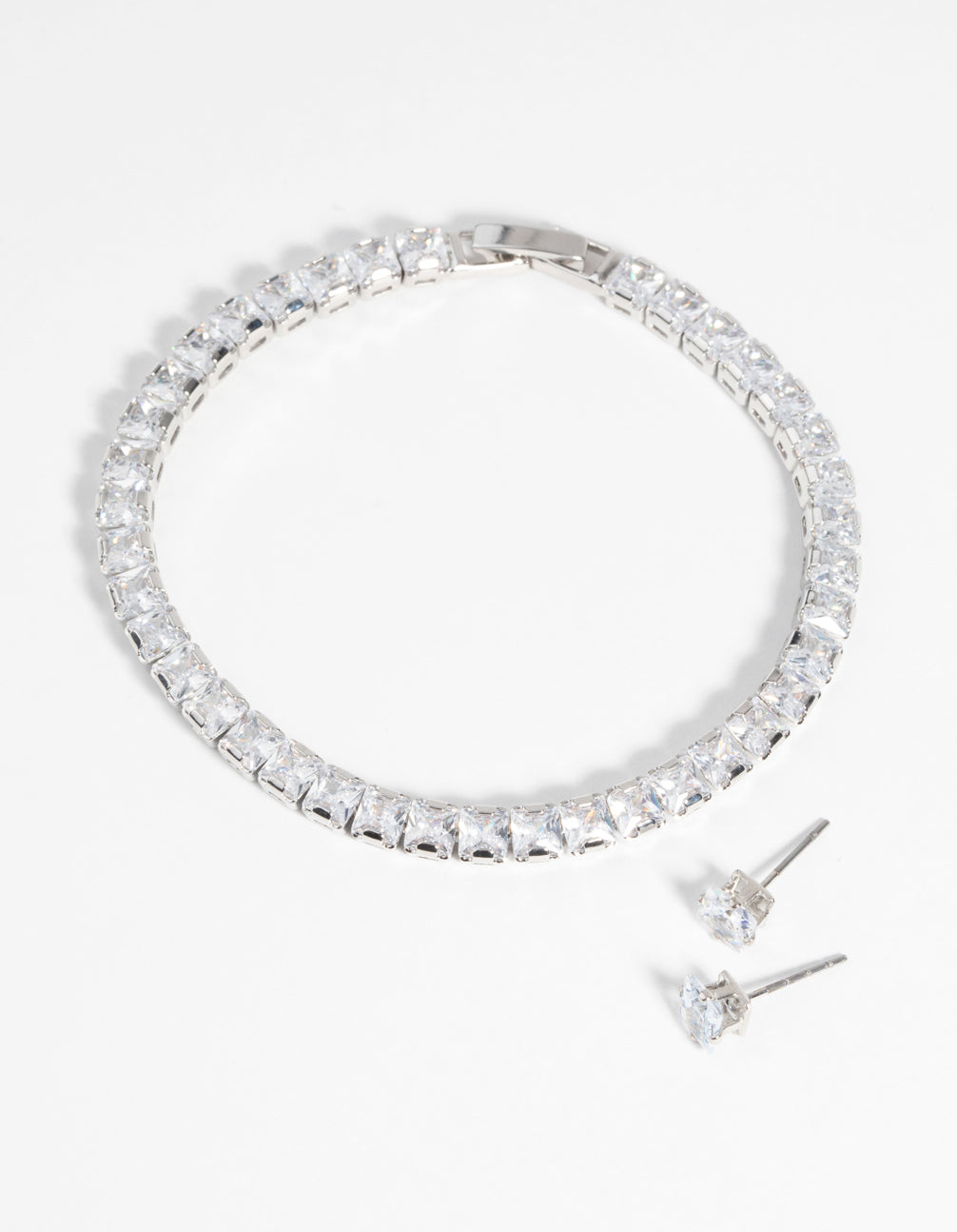 Silver Square Diamond Simulant Bracelet & Earrings Set