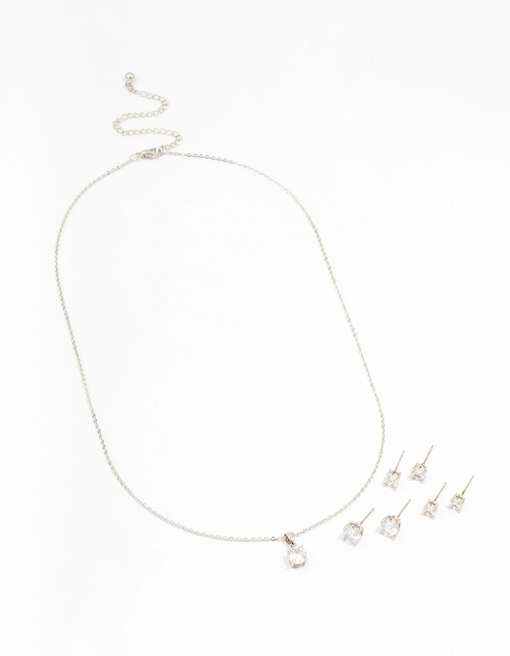 Silver Multiple Cubic Zirconia 6-Pack Stud Earrings & Necklace Set