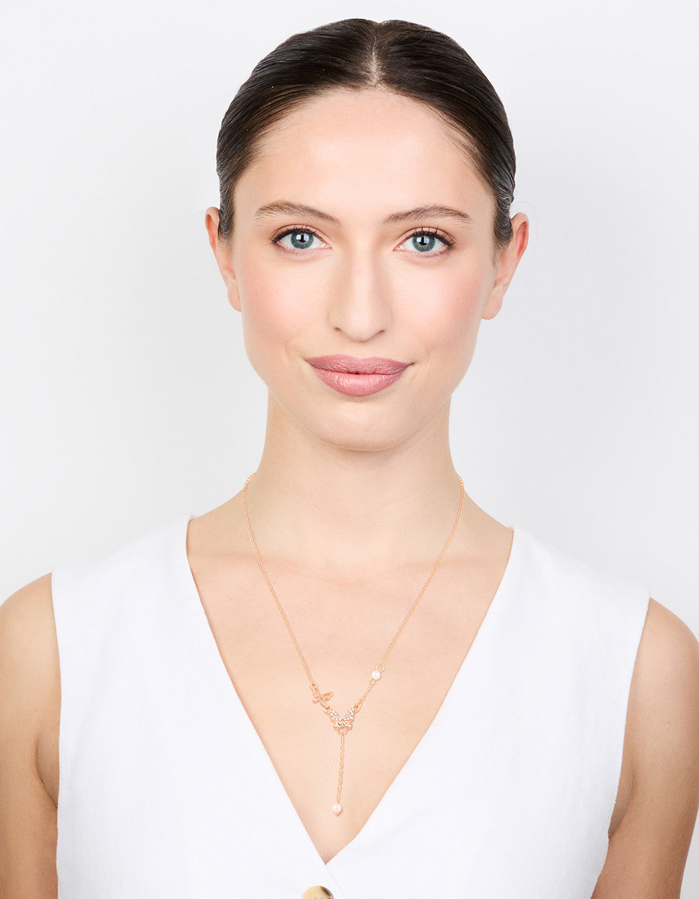 Gold Diamante Pearl Butterfly Y-Necklace