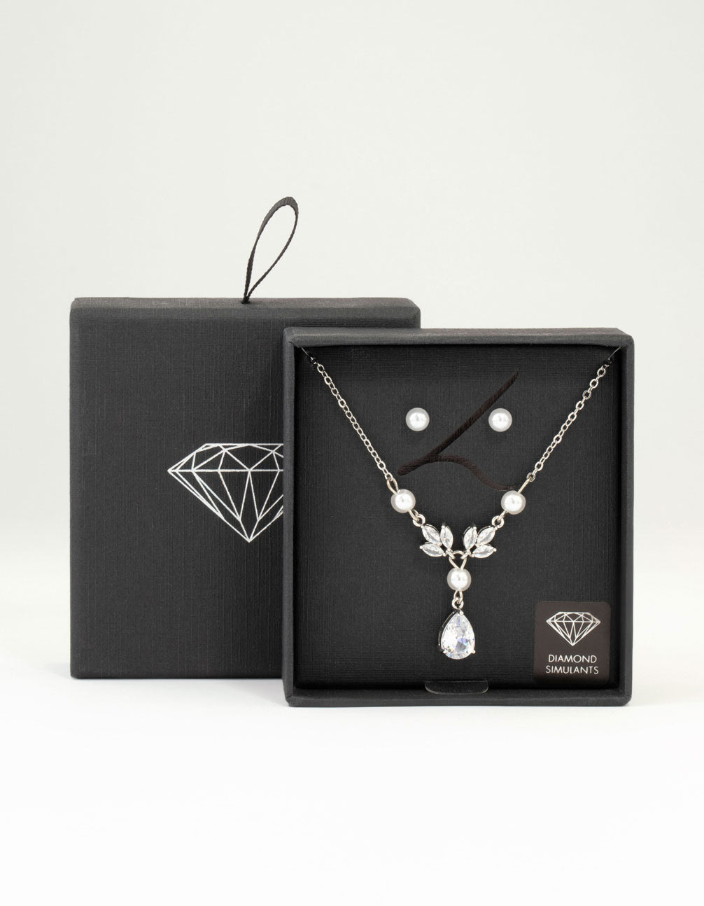 Silver Pearl Cubic Zirconia Drop Necklace & Earrings Set