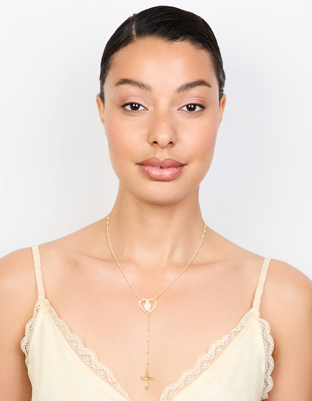 Mixed Metal Cross Heart & Mary Y-Necklace