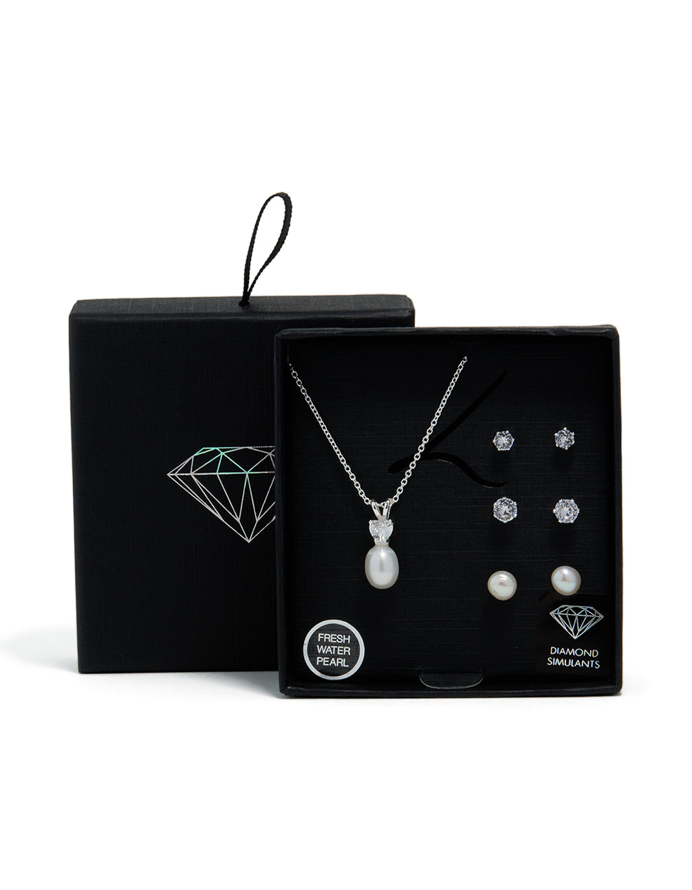 Silver Cubic Zirconia Freshwater Pearl Stud Necklace & Earrings Set