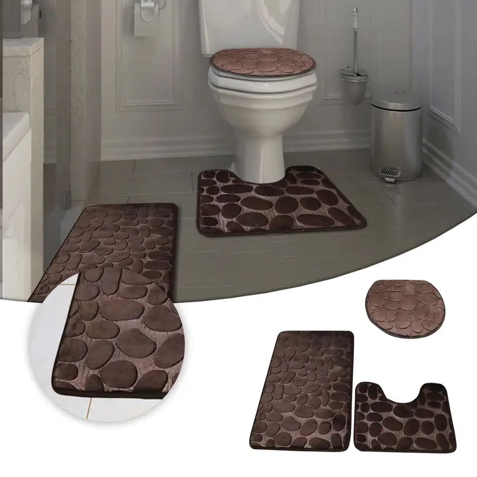 Set Of 3 Bathroom Mat, U-Shaped Contour Mat and Toilet Seat Cover ,Toilet Anti Slip Absorbent Rug, Pebbles Bathtub Decor Carpet, Soft Non Slip Cobblestone Mat, Memory Foam Pebble Shower Mat, Quick Drying Bathroom Mat