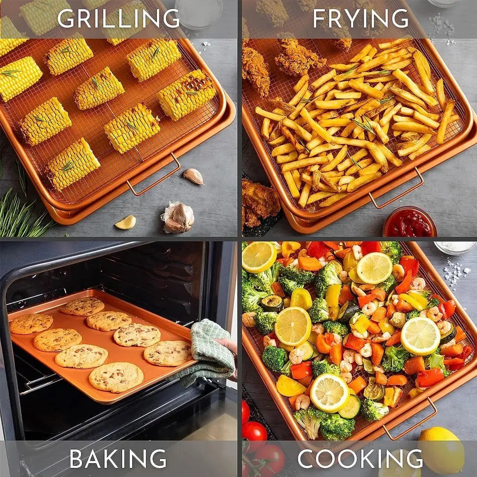 Set Of 2 Pcs Air Fryer Tray, Double Non Stick Crisper Tray, Multifunction Roasting Frying Basket, Heat Resistance Oven Grill Pan Basket, Cooling Grill Pan Plate With Handles