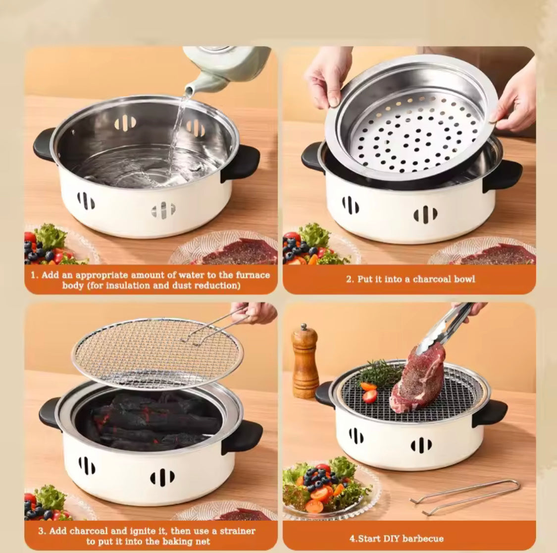 Portable Barbecue Grill Korean Charcoal Stove, Stainless Steel Split Barbecue Stove, Round Non Stick Barbecue Rack For Outdoor