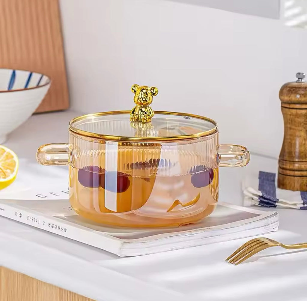 Bear Glass Cooking Pot, Large Capacity High Borosilicate Glass Clear Cooking Pot, Heat Resistant Sauce Pan