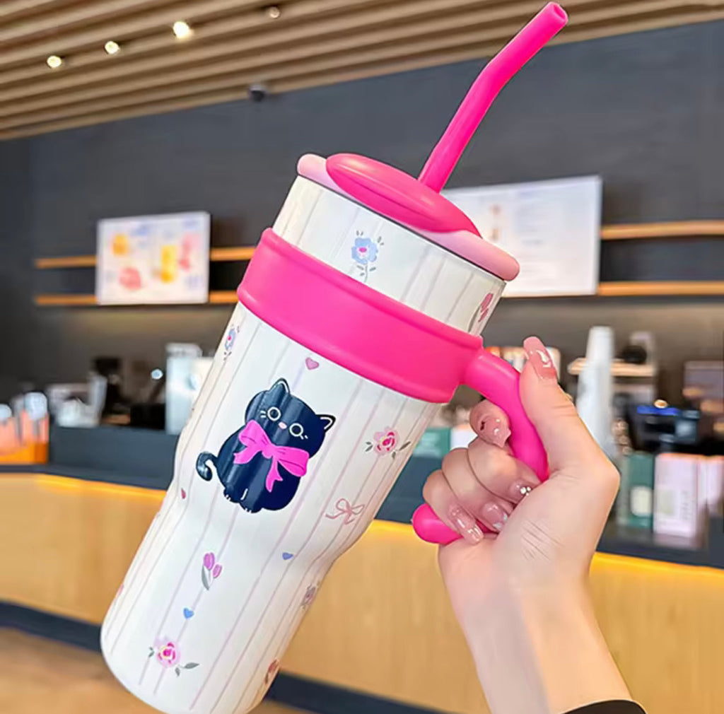 1200ml Cute Stainless Steel Tumbler With Straw, Cute Thermos Water Bottle, Outdoor Coffee Travel Mug