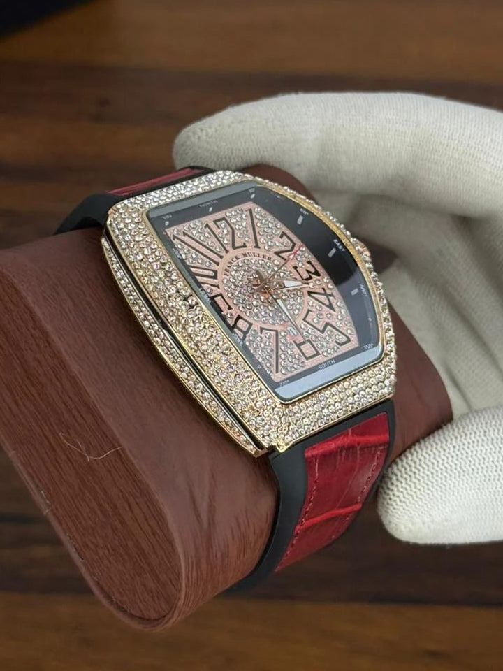 Frank Muller Stone Dial Luxury Automatic Watch – Red Leather Strap