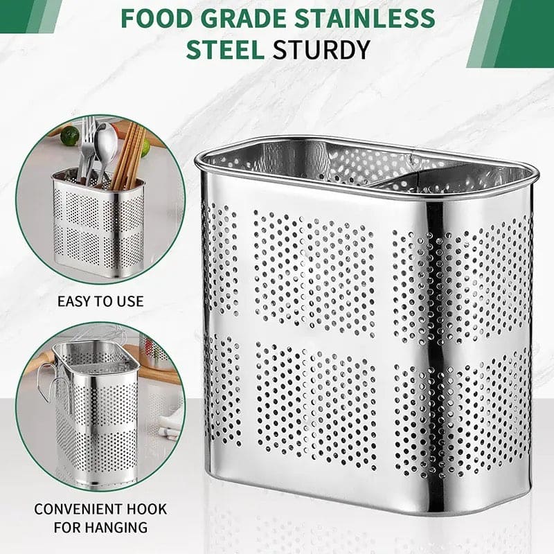 Stainless Steel Utensil Holder, Kitchen Wall Hanging Steel Cutlery Holder Organizer Rack, Multifunctional Chopstick Basket, Silverware Caddy Cutlery Rack, Drying Rack Basket Holder with Hooks