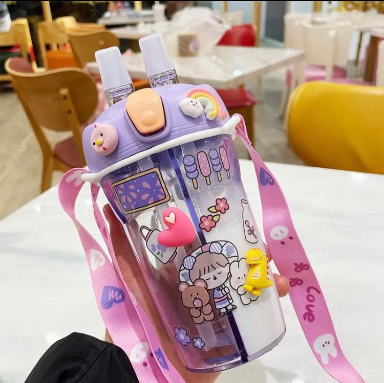 Cute Double Drinking Water Bottle, 430Ml Dual Straw Bottle, Cartoon Sticker Water Bottle, Student Couple Plastic Cup, Transparent Portable Cute Cup with Straw, Double Plastic Sports Cute Water Bottle, Portable Children's Sippy Cup