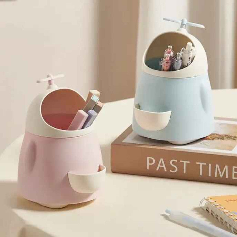 Cute Fan Design Storage Bucket, Multifunctional Pen Holder With Sharpener, Desktop Makeup Brush Storage Box