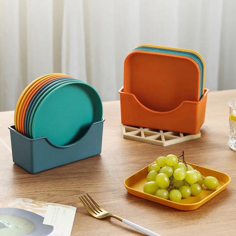 Plastic Plates With Stand, Multi-function Spit Bone Dish, Round Square Set Dining Table Plates, Household Kitchen Tableware Serving Table Plates, Fruit Snack Dish Plate, Reusable Food Serving Dishes With Rack