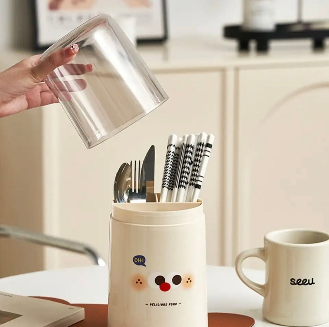 Plastic Round Cutlery Storage Organizer, Drainable Dustproof Cutlery Holder, Transparent Chopsticks Storage Box