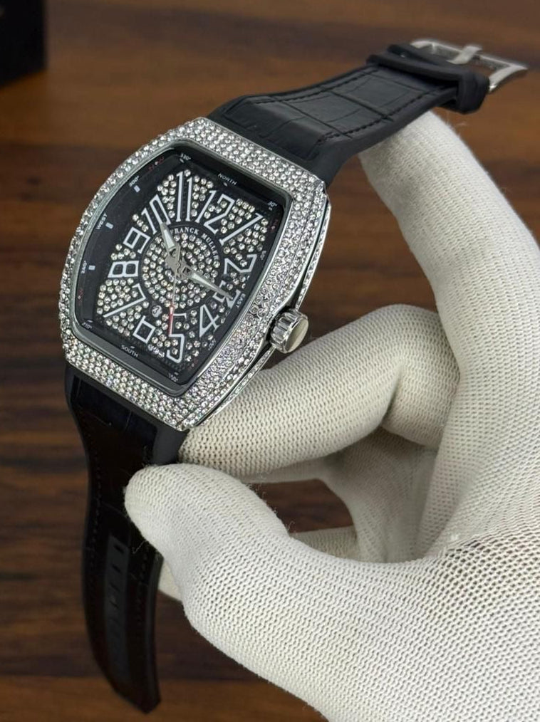 Frank Muller Stone Dial Luxury Automatic Watch – Black Leather Strap