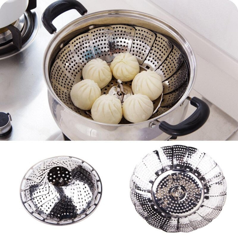 Multifunctional Stainless Cooking Steamer, Foldable Kitchen Steamer Plate, Anti-Scald Steamer Basket, Deep Fryer Pot Strainer