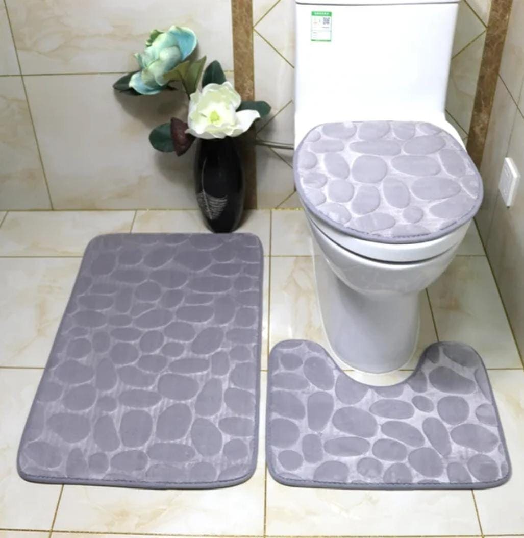 Set Of 3 Bathroom Mat, U-Shaped Contour Mat and Toilet Seat Cover ,Toilet Anti Slip Absorbent Rug, Pebbles Bathtub Decor Carpet, Soft Non Slip Cobblestone Mat, Memory Foam Pebble Shower Mat, Quick Drying Bathroom Mat