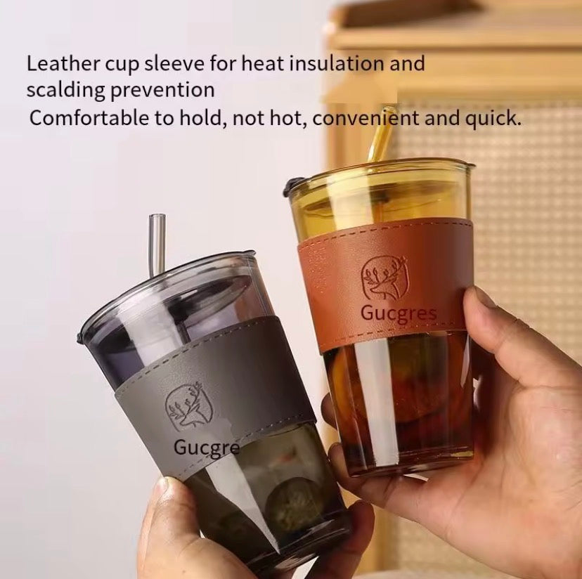 Aesthetic Glass Coffee Cup, Water Glass Sipper With Straw, Coffee Mug With Leather Pad, Bamboo Glass Water Cup