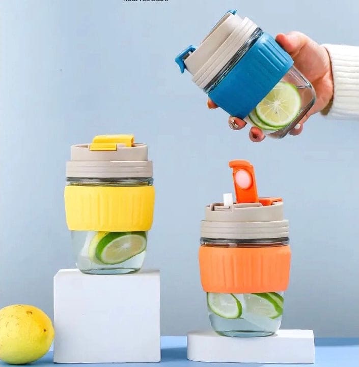 Modern Travel Mug, 350ml Double Drinking Glass,  Lovely Glass Straw Cup, Portable Accompanying Coffee Cup, Couple Silicone Anti Scalding Water Cup