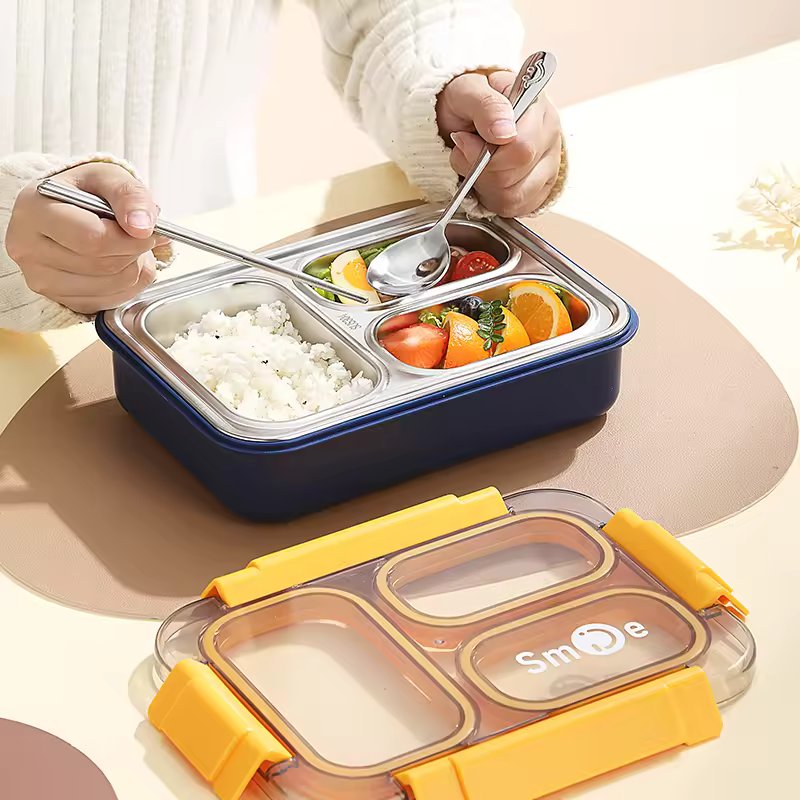 Smile Insulated 3 Grid Lunch Box, 3 Portion Bento Lunch Container, School Kids Stainless Steel Tiffin Box