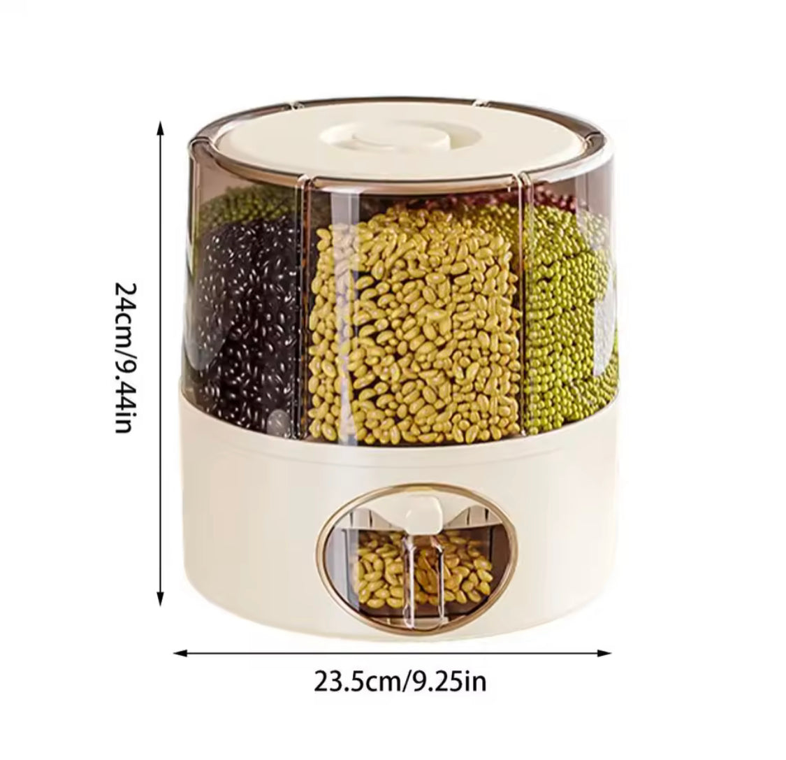 6 Grid Food Grain Storage Container, Kitchen Storage Bucket, 6 Grid Rice Dispenser, Rotating Cereal Container
