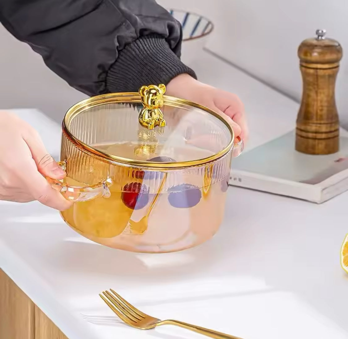 Bear Glass Cooking Pot, Large Capacity High Borosilicate Glass Clear Cooking Pot, Heat Resistant Sauce Pan