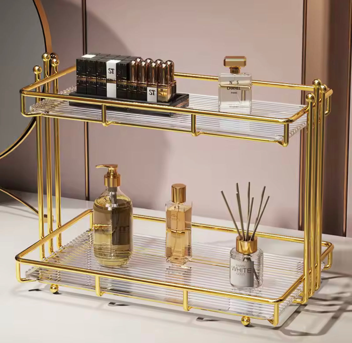 2 Tier Acrylic Bathroom Organizer Shelf, Waterproof Makeup Storage Rack, Desktop Cosmetic Lipstick Skincare Shampoo Holder Home