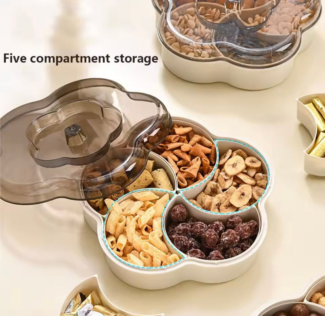 Five Compartments Divided Serving Tray With Lid, Dust Proof Dried Fruit Snack Storage Bowl, Large Capacity Modern Divided Serving Platter Box