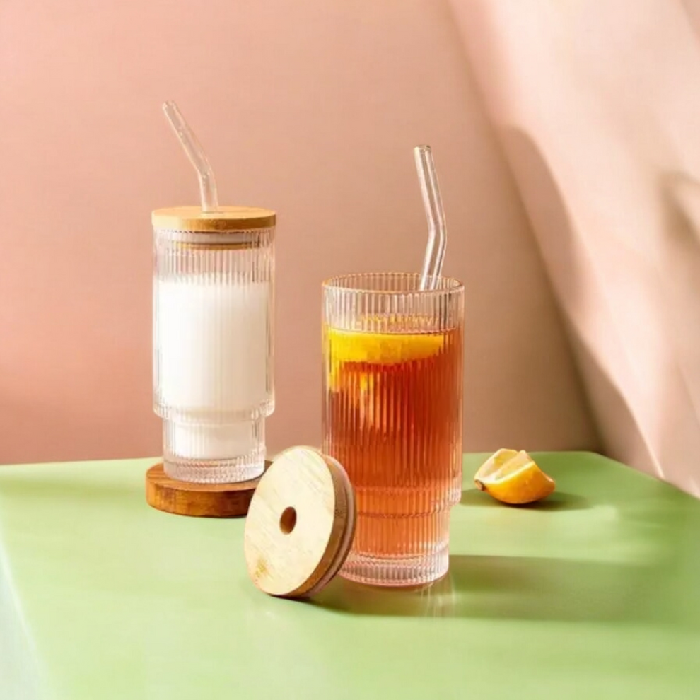 Transparent Strip Glass Cup With Bamboo Lid, Stackable Coffee Glass Cup, Reusable Smoothie Drinking Glass With Straw