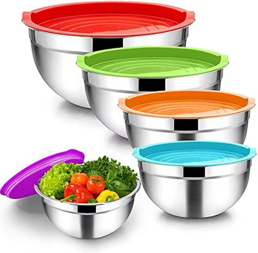 Set Of 5 Stainless Steel Mixing Bowl With Lid, Silicone Mixing Bowl Set, Salad Cooking Mixing Bowl, Stainless Steel Pots, Multifunctional Sealed Fresh Bowl Household, Kitchen Cooking Bowl