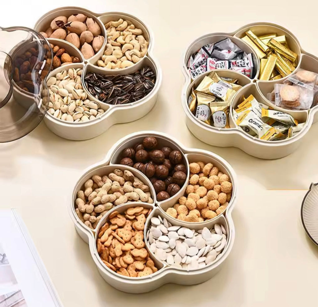 Five Compartments Divided Serving Tray With Lid, Dust Proof Dried Fruit Snack Storage Bowl, Large Capacity Modern Divided Serving Platter Box