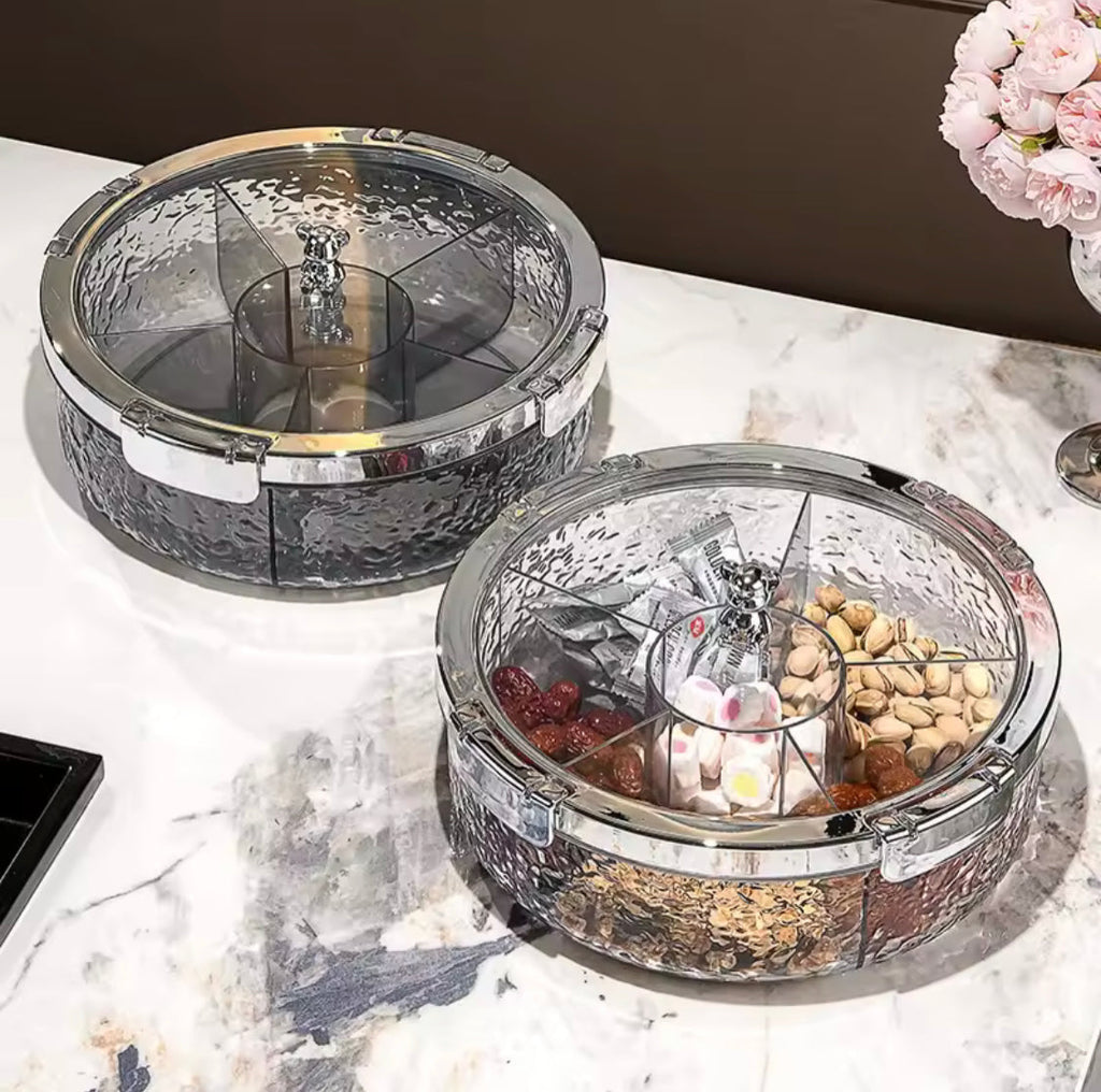 Luxury Sealed Snack Tray With Cover, Five Grid Multi Compartment Dry Fruit Tray, Round Snack Box With Lid, Rotating Serving Tray