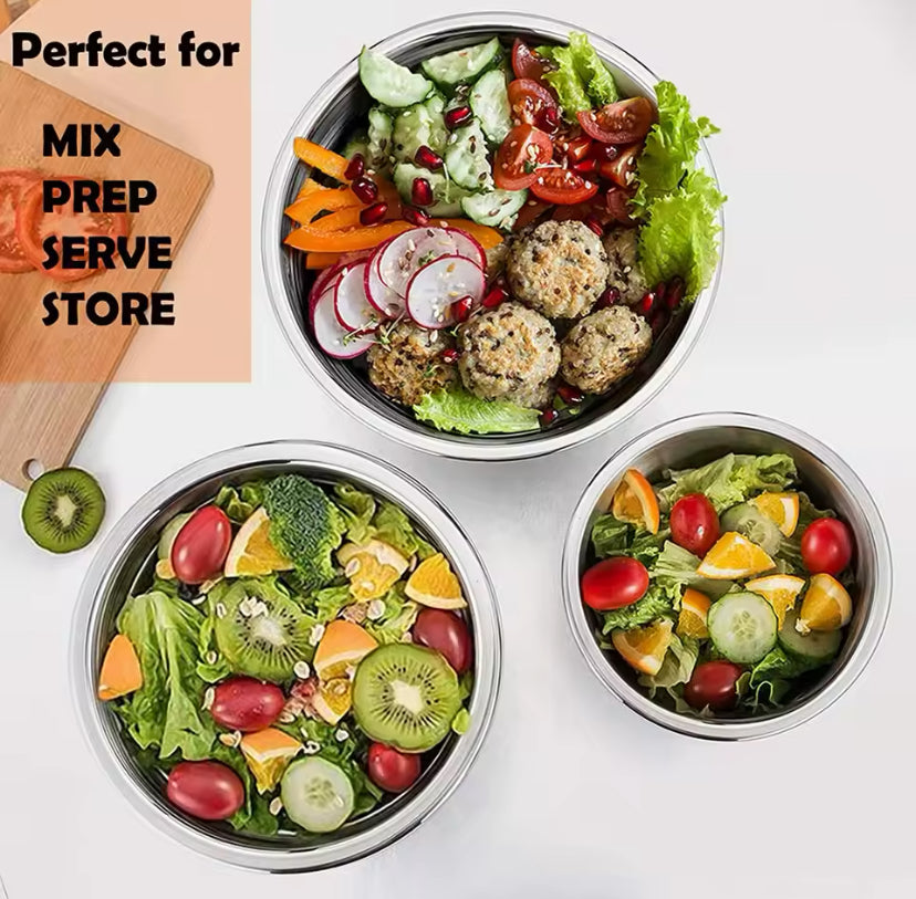 Set Of 5 Stainless Steel Mixing Bowl With Lid, Silicone Mixing Bowl Set, Salad Cooking Mixing Bowl, Stainless Steel Pots, Multifunctional Sealed Fresh Bowl Household, Kitchen Cooking Bowl