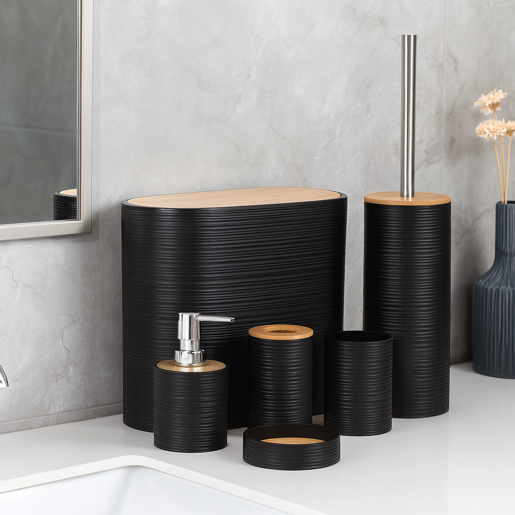 Modern Black Bathroom Accessory Set with Bamboo Accents