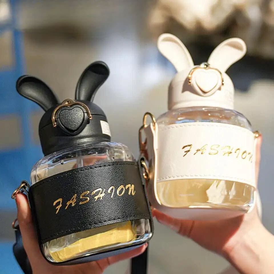 Bunny Ears Water Bottle, Bunny Kettle Straw Water Thermos, Cute Rabbit Shape Straw Bottle with Protector Case, Soft Suction Nozzle Water Cup for Kids, Plastic Water Juice Bottles, Sports Water Bottle with Leak Proof Flip Top Lid