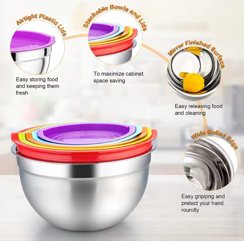 Set Of 5 Stainless Steel Mixing Bowl With Lid, Silicone Mixing Bowl Set, Salad Cooking Mixing Bowl, Stainless Steel Pots, Multifunctional Sealed Fresh Bowl Household, Kitchen Cooking Bowl