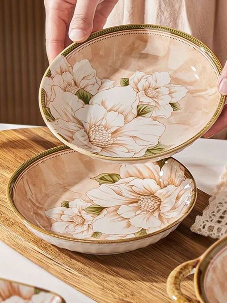 Set of 6 Ceramic Serving Bowls, Japanese Ceramic Rice Bowl, Dinnerware Bowls Gift Set, Floral Ceramic Bowl Set