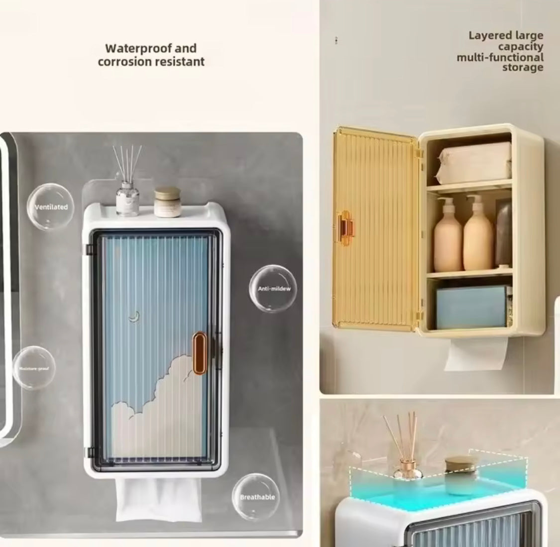 Wall Mounted Toiletries Storage Rack, Waterproof Bathroom Shelf With Tissue Holder, Wall Mounted Bathroom Toiletries Organizer