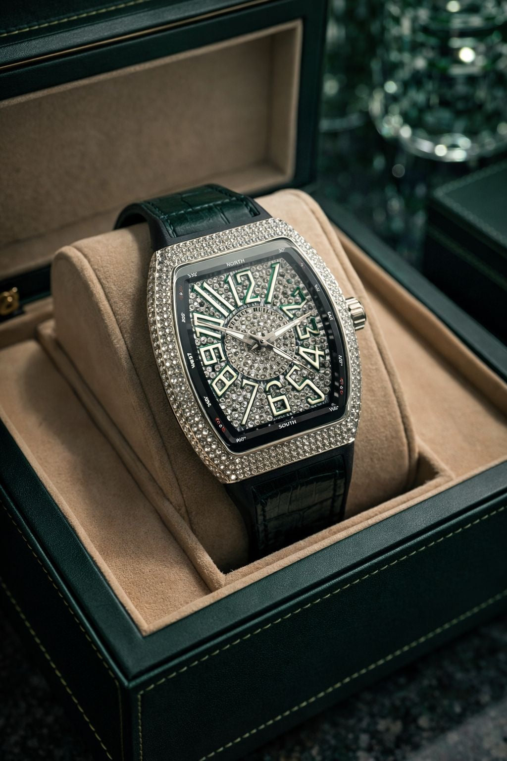 Frank Muller Stone Dial Luxury Automatic Watch – Green Leather Strap