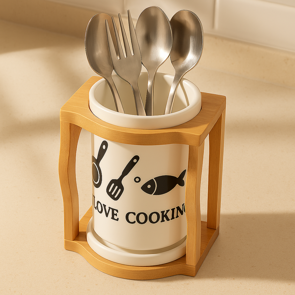 Premium Ceramic Cutlery Holder with Wooden Stand