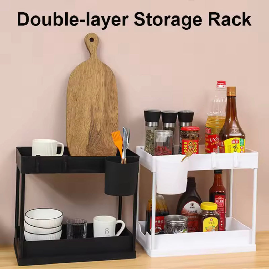 Double Deck Pull Out Organizer, 2 Tier Under Sink Organizer, Organizer Storage Rack With Hooks Hanging