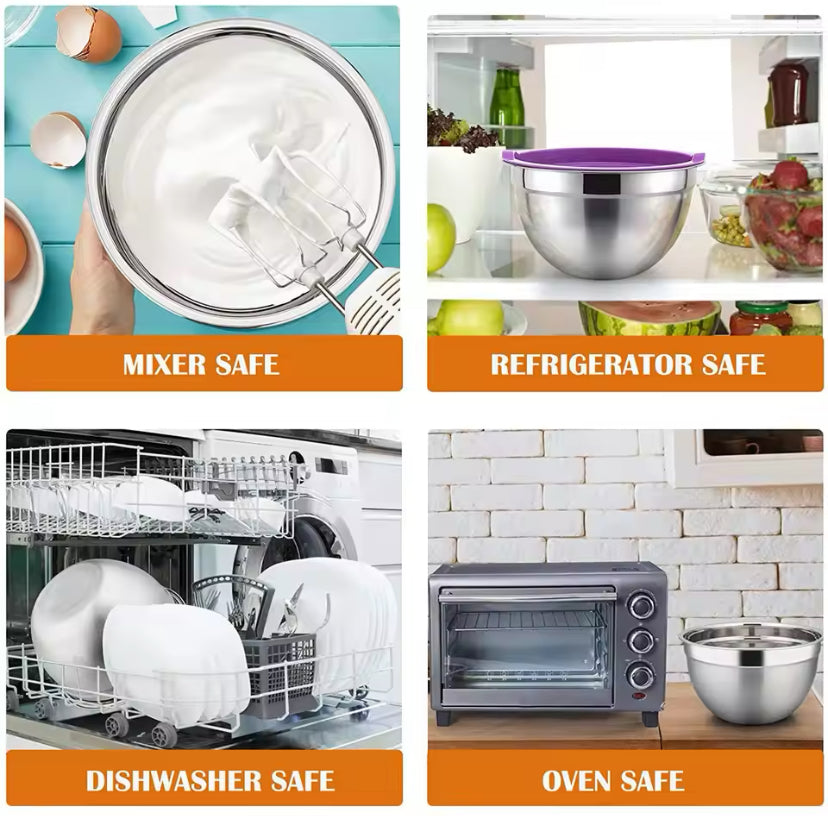 Set Of 5 Stainless Steel Mixing Bowl With Lid, Silicone Mixing Bowl Set, Salad Cooking Mixing Bowl, Stainless Steel Pots, Multifunctional Sealed Fresh Bowl Household, Kitchen Cooking Bowl