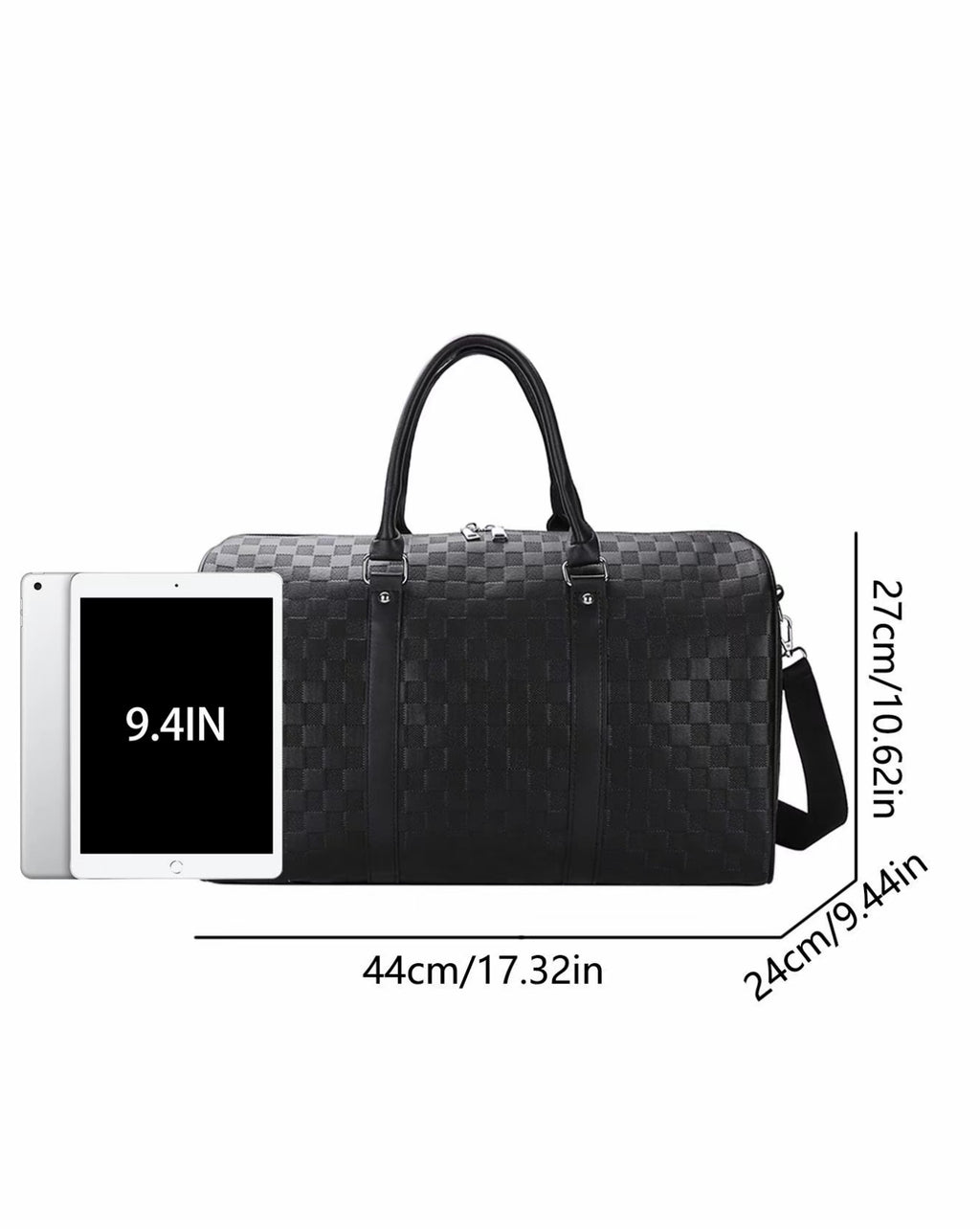 Luxury Black Checkered Duffel Bag – Travel & Gym Weekender with Shoulder Strap