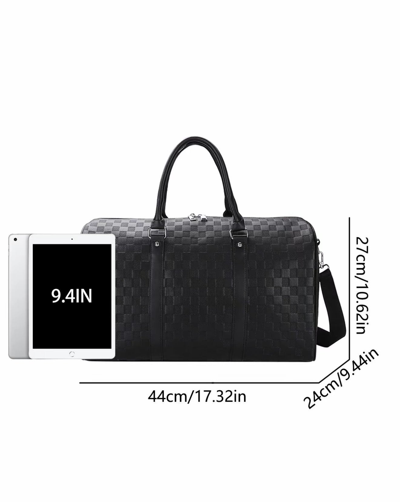 Luxury Black Checkered Duffel Bag – Travel & Gym Weekender with Shoulder Strap
