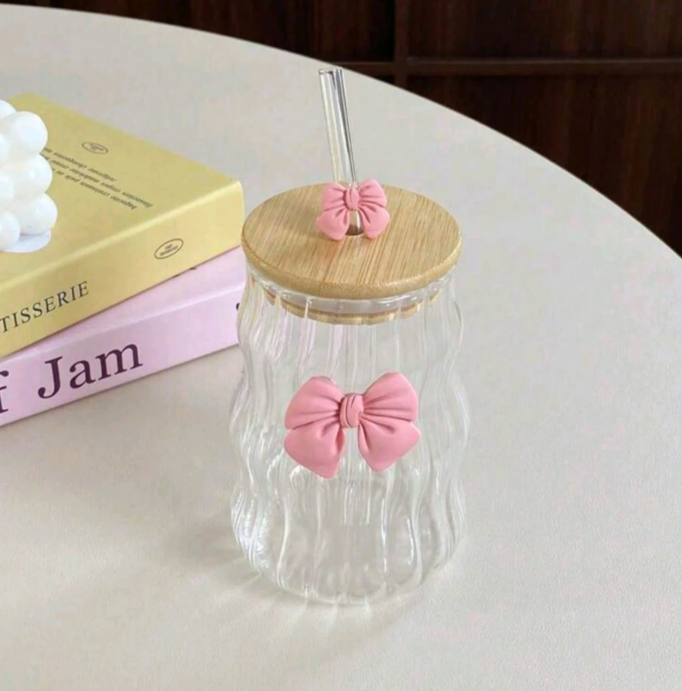 Bow Coffee Glass Mug, High Borosilicate Glass Cloud Cup, Wooden Lid Glass Mug With Straw