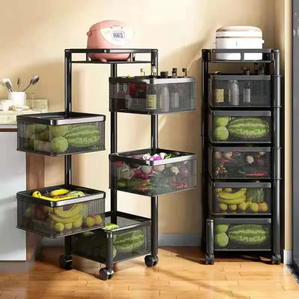 5 Layer Movable Fruit Basket Rack Square Shape Kitchen Stand in Black