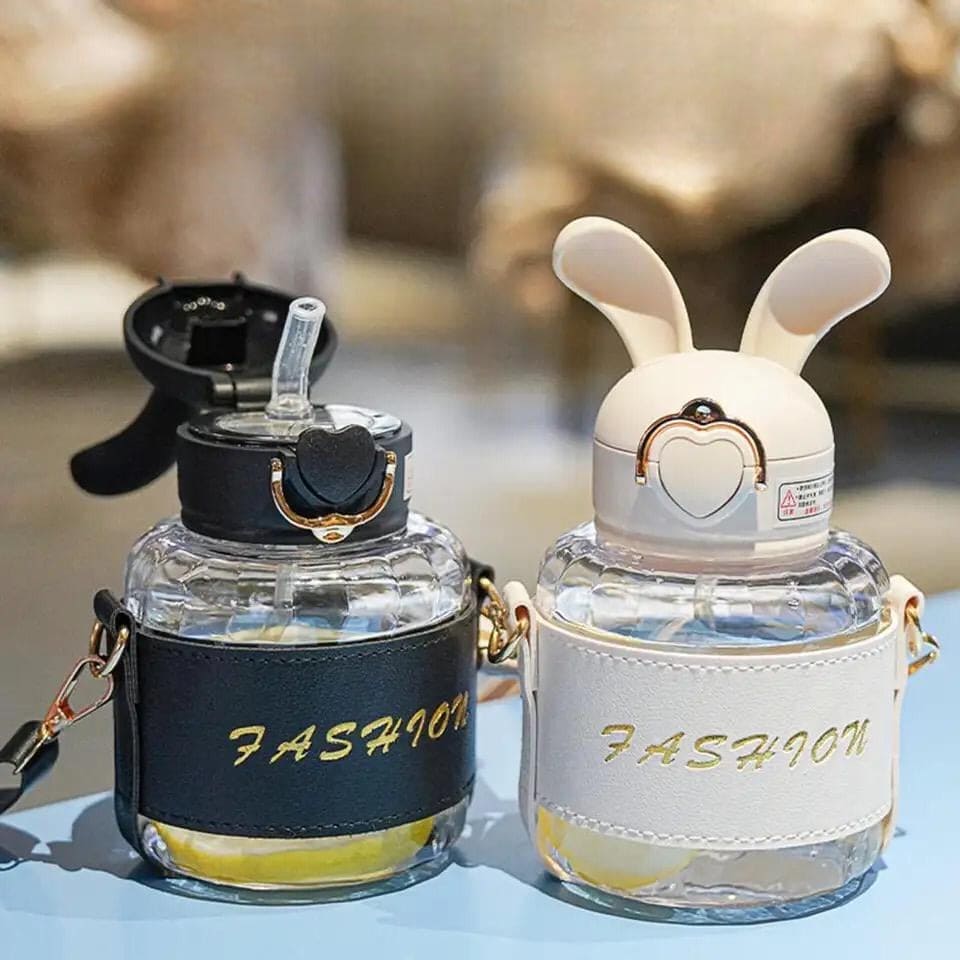 Bunny Ears Water Bottle, Bunny Kettle Straw Water Thermos, Cute Rabbit Shape Straw Bottle with Protector Case, Soft Suction Nozzle Water Cup for Kids, Plastic Water Juice Bottles, Sports Water Bottle with Leak Proof Flip Top Lid