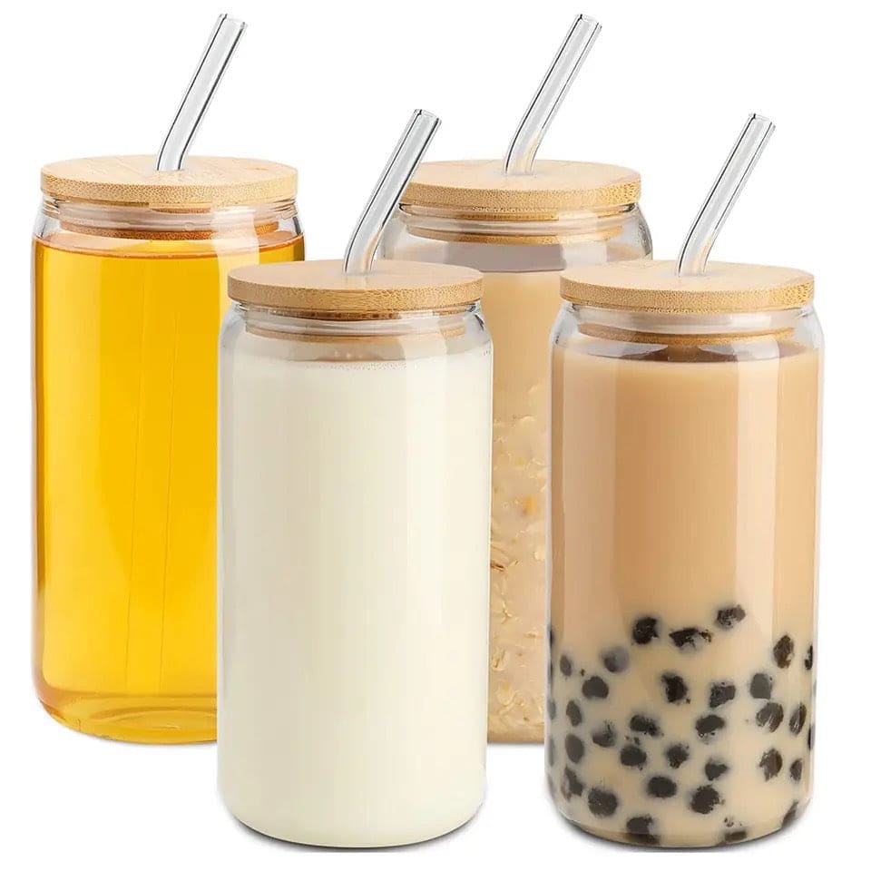 Bubble Tea Cup, 500ml Glass Mug With Bamboo Glass And Straw.