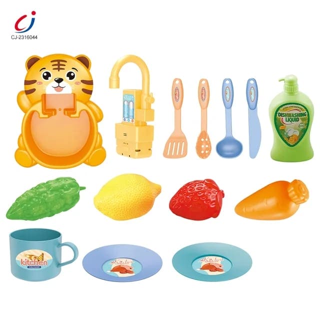 Electric Kitchen Sink Toy, Children's Simulation Sink with Fruit & Tableware Toy, Dishwasher Play Kitchen Kit