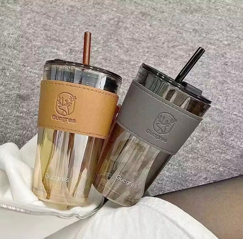 Aesthetic Glass Coffee Cup, Water Glass Sipper With Straw, Coffee Mug With Leather Pad, Bamboo Glass Water Cup