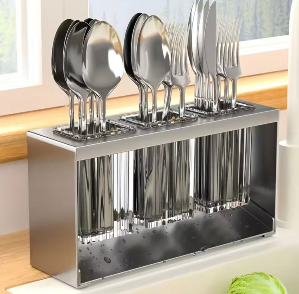 Acrylic Cutlery Holder With Metal Stand, Multi Grid Kitchen Cutlery Storage Organizer, Makeup Brush Organizer, Bathroom Toiletries Holder